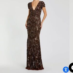 Mac Duggal Brown Beaded Embellished V Neck Cap Sleeve Column Gown